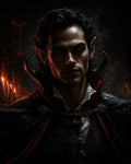 GRID THUMBNAIL — Dark gothic portrait of a male vampire with red glowing eyes, pointed ears and black hair, wearing ornate black cloak, candles flickering behind.