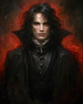 GRID THUMBNAIL — Gothic male vampire portrait with pale skin, red eyes, and a high-collared black coat against a smoky crimson background in dark fantasy style.