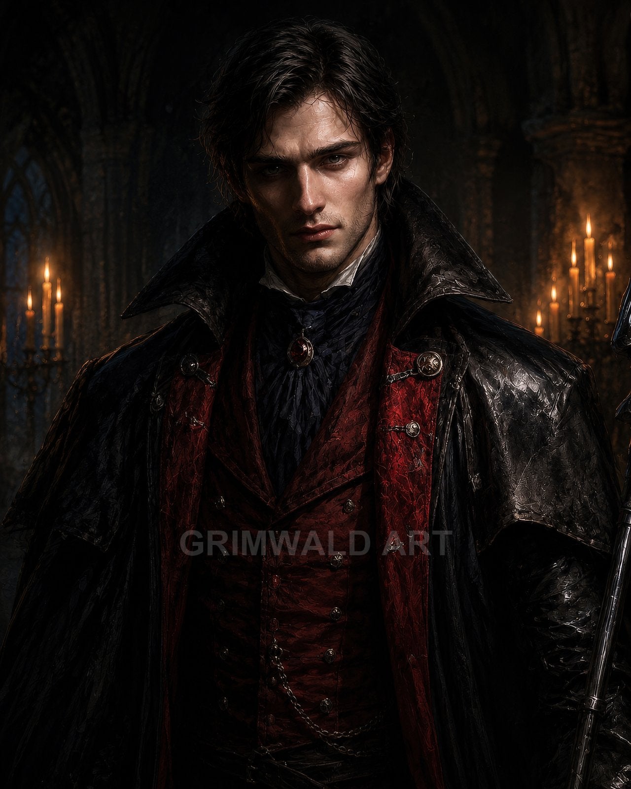 A dark-haired nobleman in a crimson waistcoat and black cloak stands in a candlelit gothic cathedral, staring intensely at the viewer.