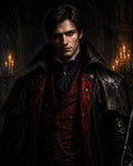 GRID THUMBNAIL — A dark-haired nobleman in a crimson waistcoat and black cloak stands in a candlelit gothic cathedral, staring intensely at the viewer.