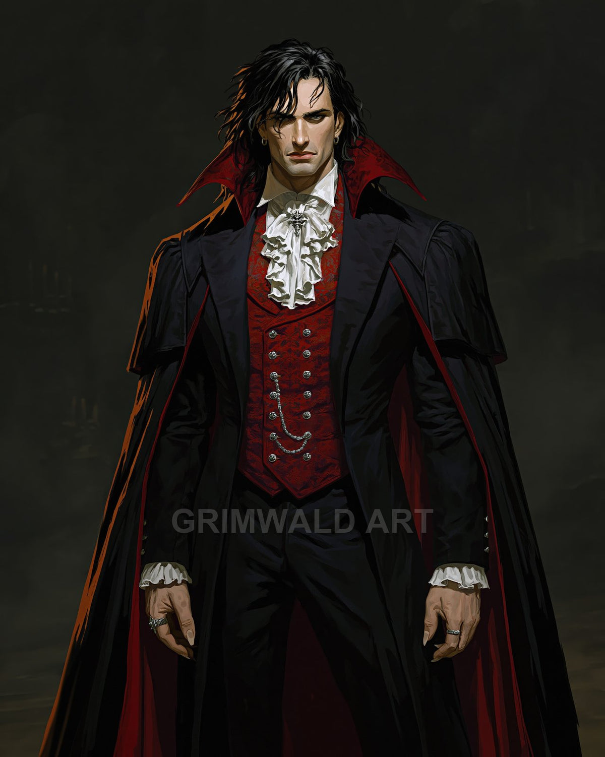 Aristocratic male vampire in red brocade waistcoat and black high-collared cape, standing against a dark interior backdrop with moody, gothic lighting.