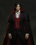 GRID THUMBNAIL — Aristocratic male vampire in red brocade waistcoat and black high-collared cape, standing against a dark interior backdrop with moody, gothic lighting.