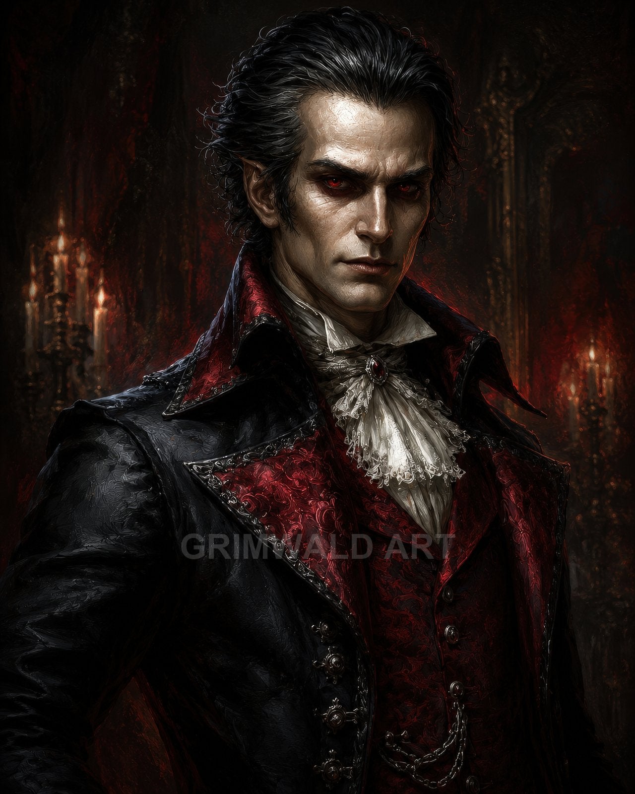 A pale, red-eyed vampire noble in ornate black and crimson attire with lace cravat, standing before a candlelit gothic interior.