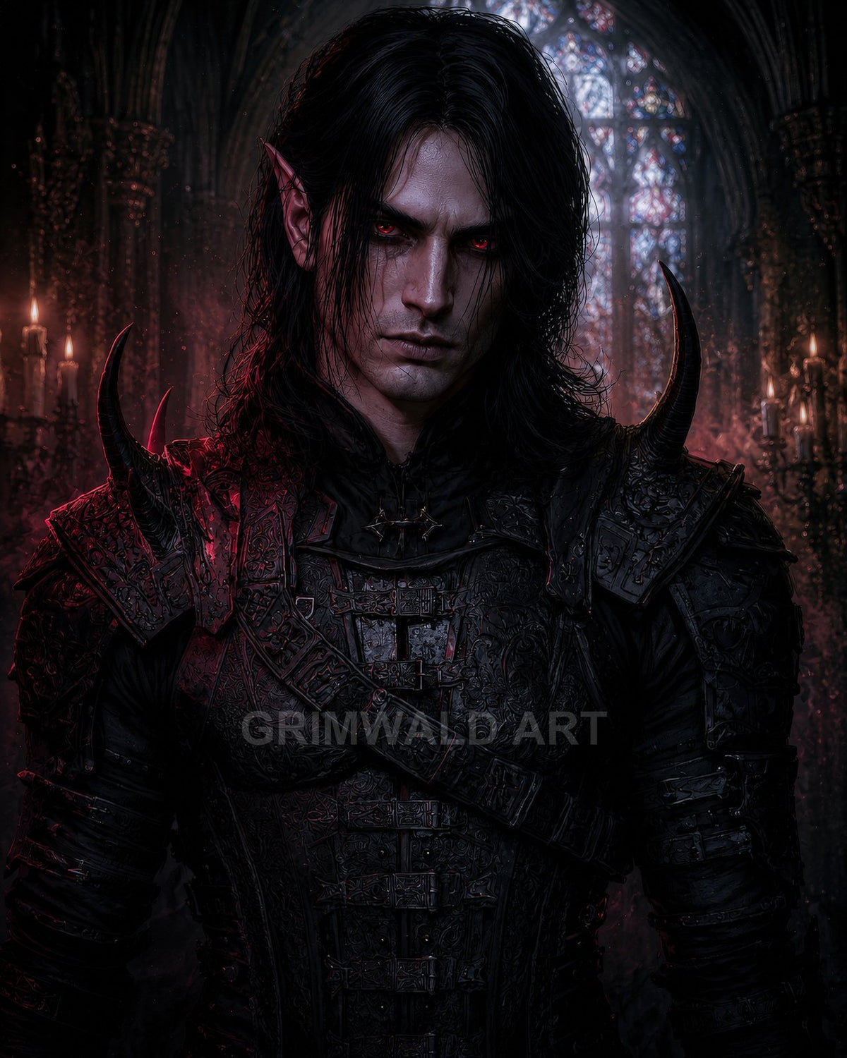 A dark elf knight in black, engraved armour with spiked pauldrons and red eyes, standing in a candlelit gothic cathedral before stained glass.