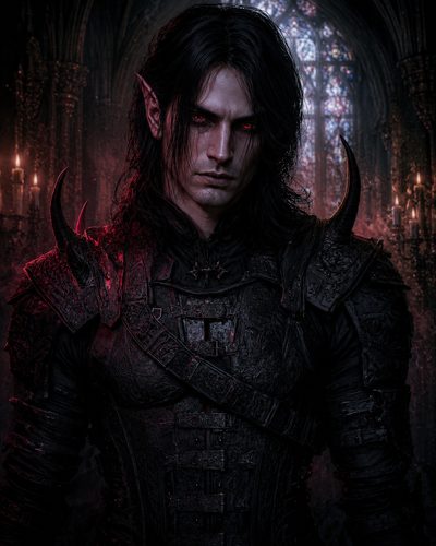 GRID THUMBNAIL — A dark elf knight in black, engraved armour with spiked pauldrons and red eyes, standing in a candlelit gothic cathedral before stained glass.