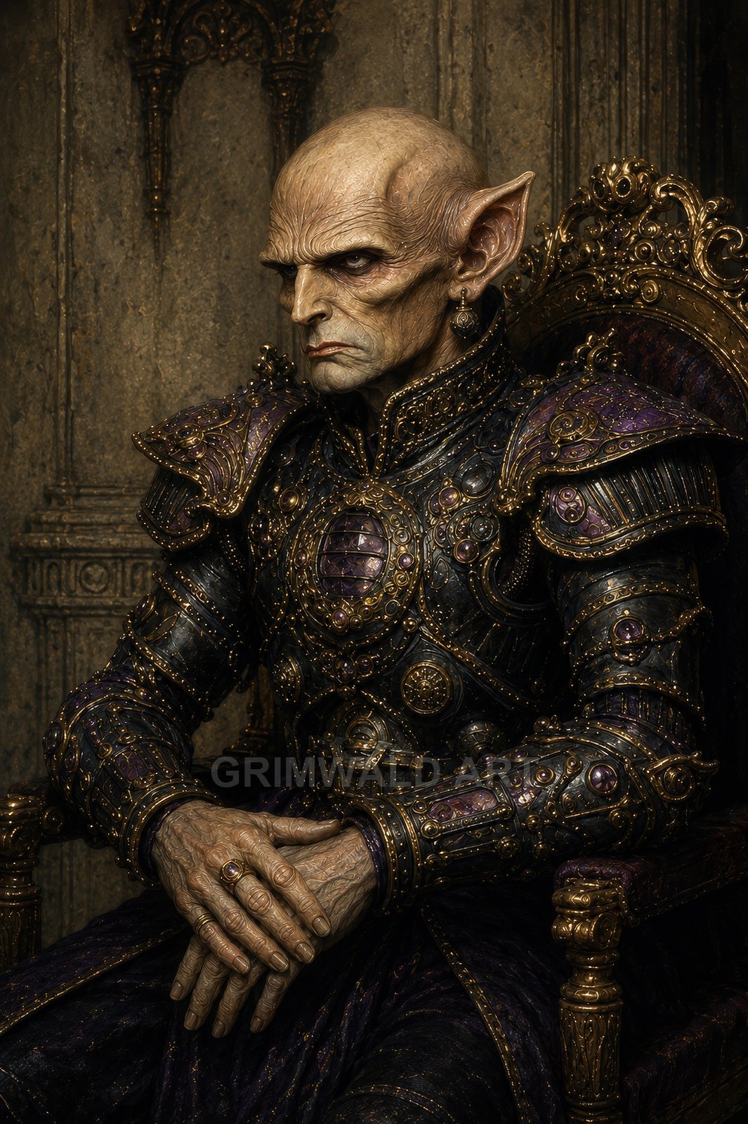 A bald, long-eared elf monarch in intricate purple-and-gold jewelled armour sits sternly on a gilded throne within a dim stone chamber.