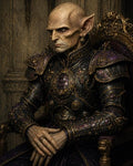 GRID THUMBNAIL — A bald, long-eared elf monarch in intricate purple-and-gold jewelled armour sits sternly on a gilded throne within a dim stone chamber.