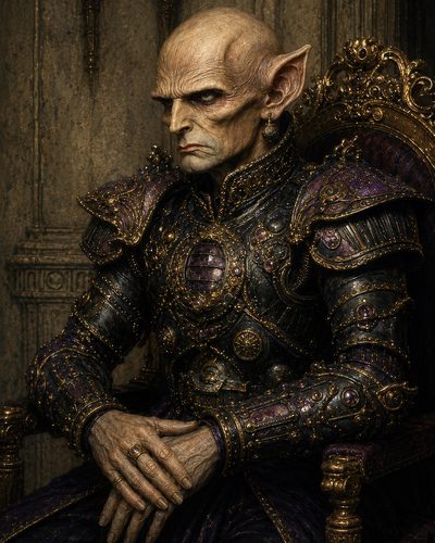 GRID THUMBNAIL — A bald, long-eared elf monarch in intricate purple-and-gold jewelled armour sits sternly on a gilded throne within a dim stone chamber.
