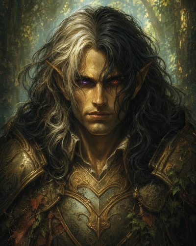 GRID THUMBNAIL — Armoured elf with long two-toned hair and mismatched glowing eyes stares forward, gilded breastplate and vines, dappled forest light behind.