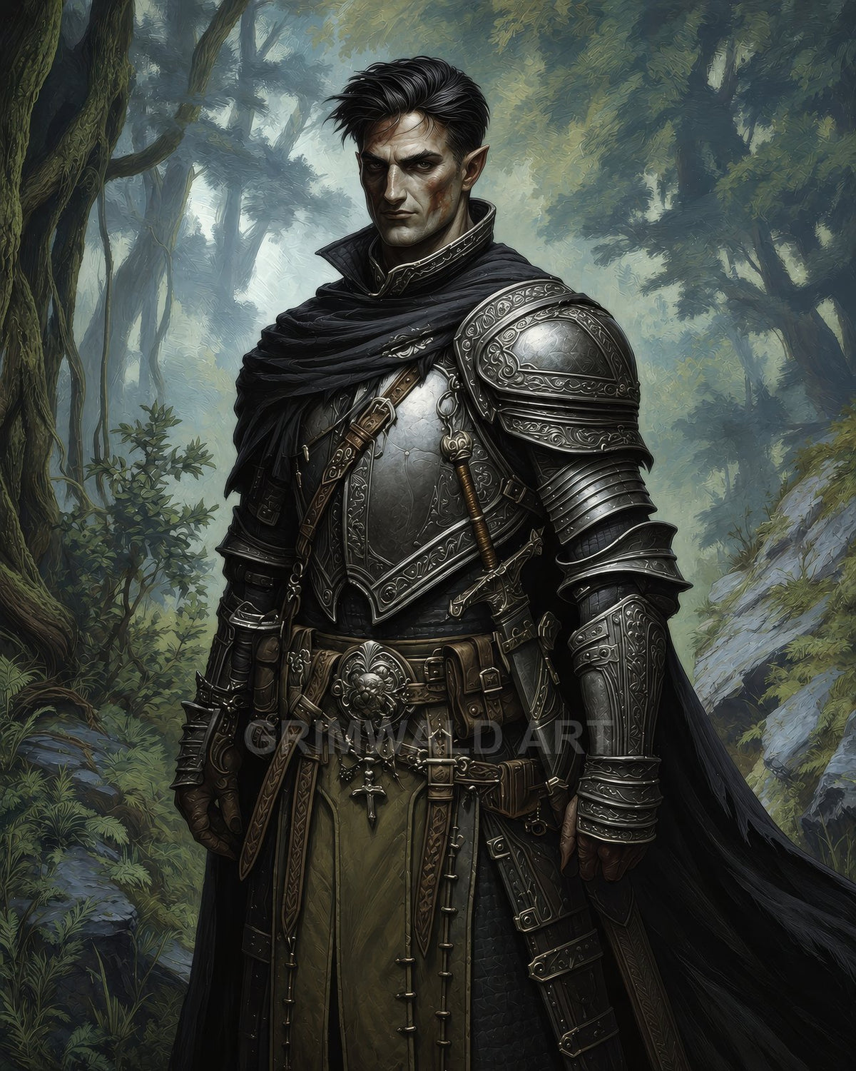 Stern male elf knight in engraved plate armour with black cloak, standing in a misty forest, with sheathed sword and dagger at his belt.