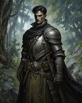 GRID THUMBNAIL — Stern male elf knight in engraved plate armour with black cloak, standing in a misty forest, with sheathed sword and dagger at his belt.