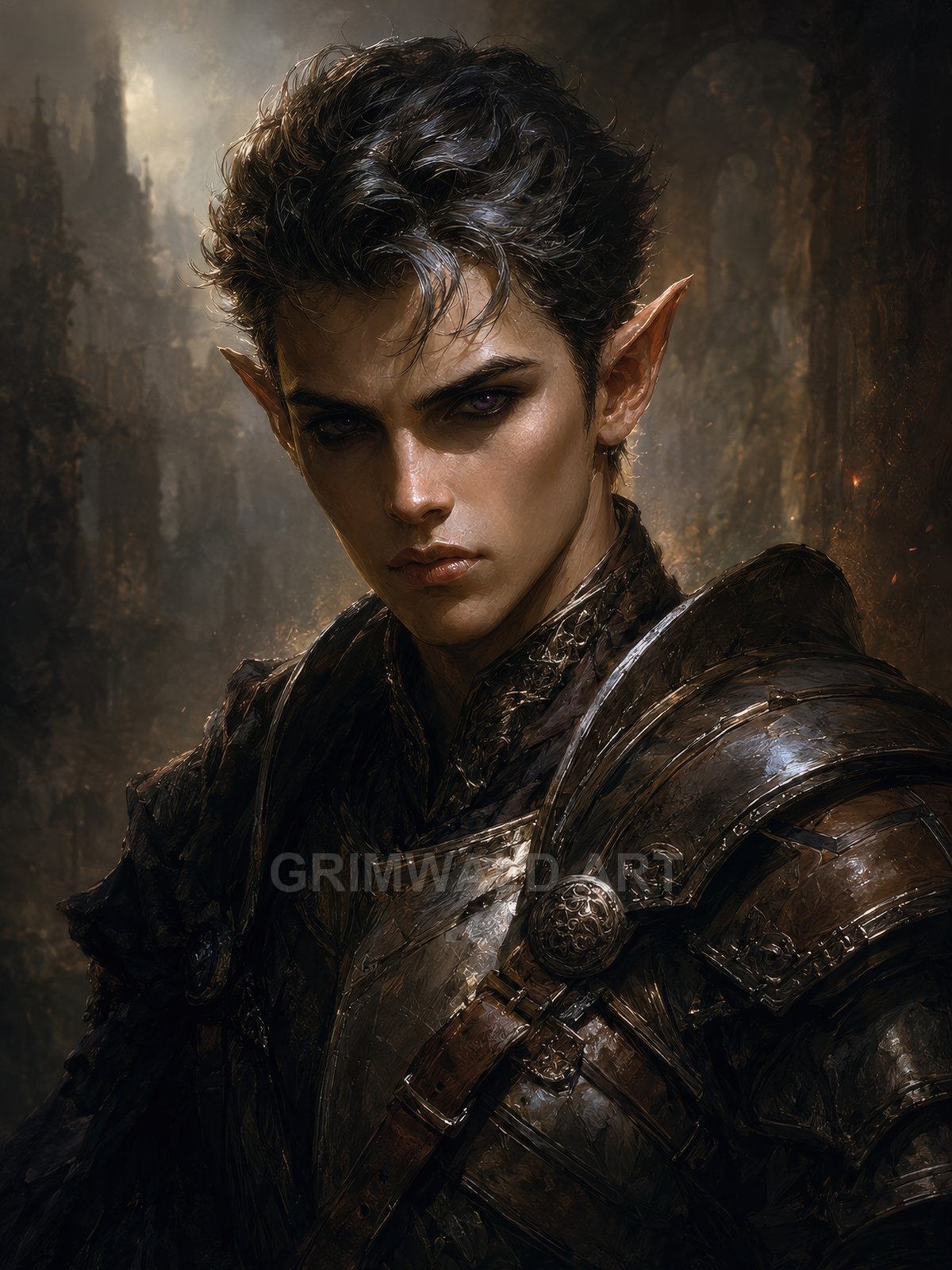 Brooding male elf in dark, weathered plate armour, moody twilight lighting, with blurred gothic ruins behind, gazing intently toward the viewer.