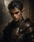 GRID THUMBNAIL — Brooding male elf in dark, weathered plate armour, moody twilight lighting, with blurred gothic ruins behind, gazing intently toward the viewer.