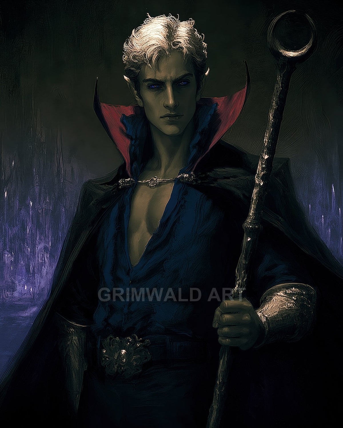 Moody portrait of a male elf sorcerer with white hair, blue eyes and staff, wearing dark cloak with red collar in shadowy interior.