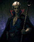 GRID THUMBNAIL — Moody portrait of a male elf sorcerer with white hair, blue eyes and staff, wearing dark cloak with red collar in shadowy interior.