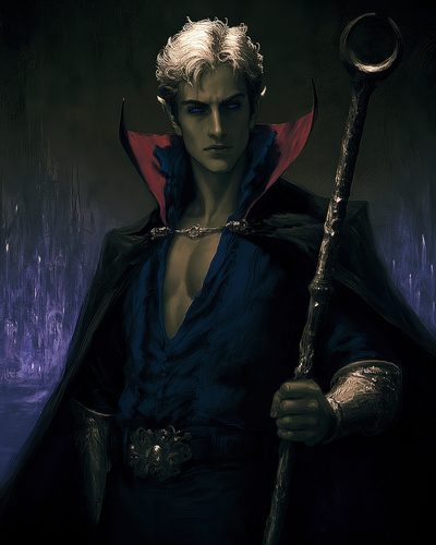 GRID THUMBNAIL — Moody portrait of a male elf sorcerer with white hair, blue eyes and staff, wearing dark cloak with red collar in shadowy interior.
