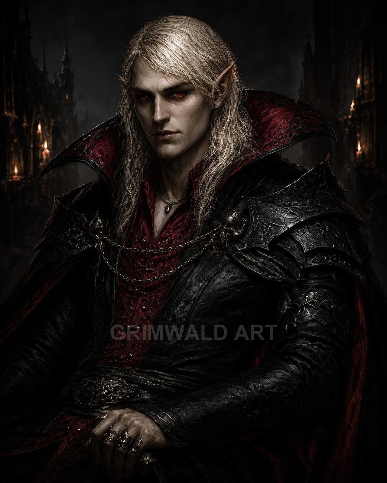 Pale, red-eyed elf with long blond hair in black and crimson ornate armour, seated against a torch-lit gothic castle backdrop.