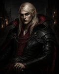 GRID THUMBNAIL — Pale, red-eyed elf with long blond hair in black and crimson ornate armour, seated against a torch-lit gothic castle backdrop.