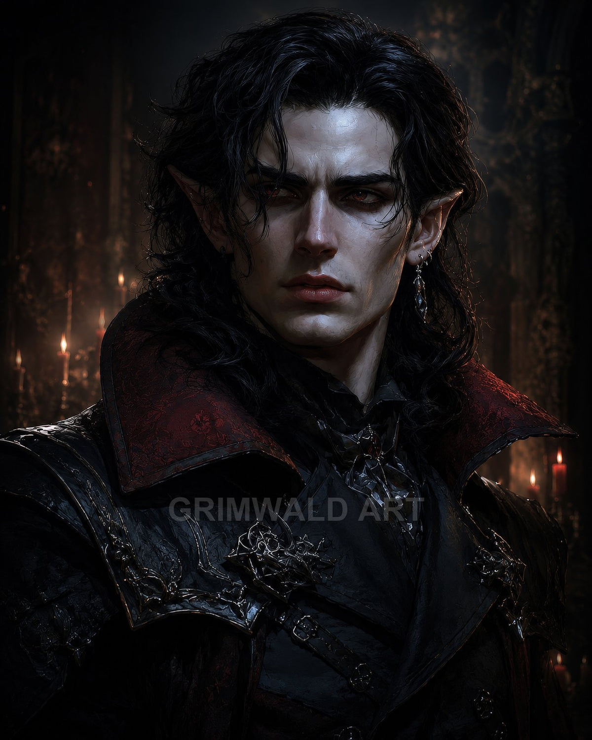 Portrait of a pale male elf with pointed ears and dark curls, wearing ornate black-and-red finery, candlelit within a shadowy gothic interior.