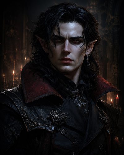 GRID THUMBNAIL — Portrait of a pale male elf with pointed ears and dark curls, wearing ornate black-and-red finery, candlelit within a shadowy gothic interior.