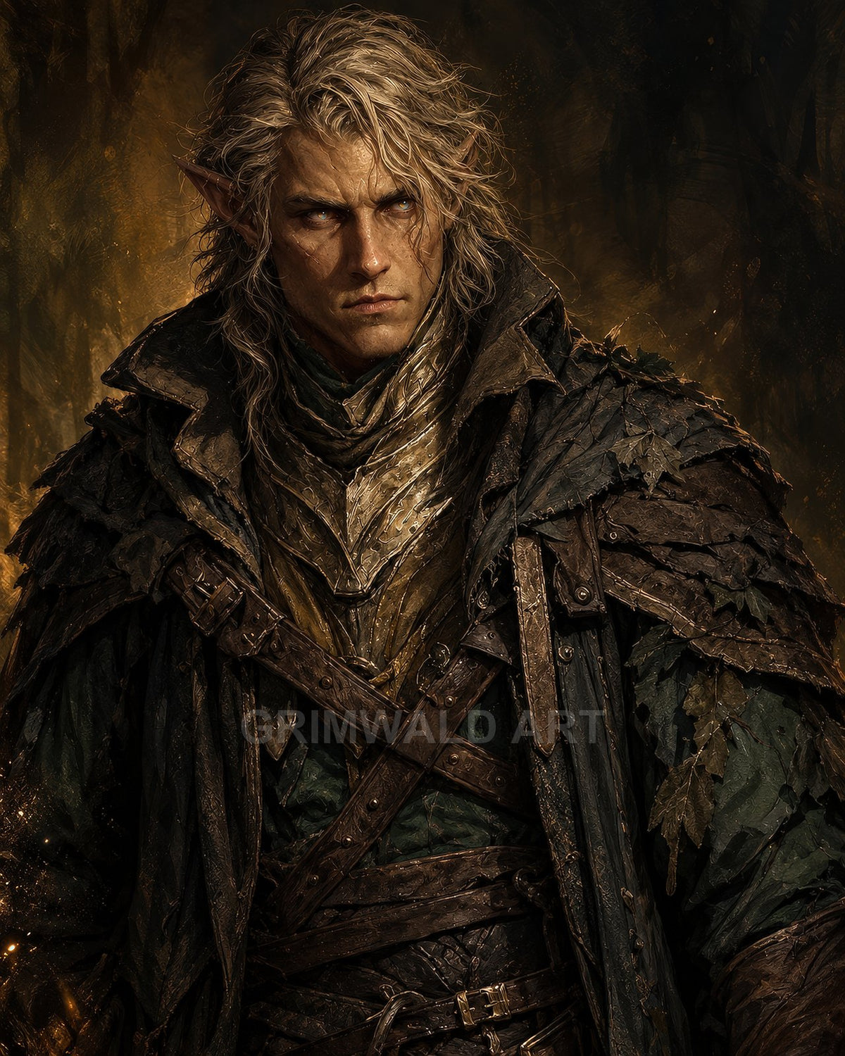 Portrait of a stern male elf with pointed ears wearing layered leaf and leather armour, firelit against a dark forest backdrop.