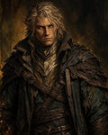 GRID THUMBNAIL — Portrait of a stern male elf with pointed ears wearing layered leaf and leather armour, firelit against a dark forest backdrop.