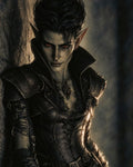 GRID THUMBNAIL — A pale, sharp-eared elf with glowing red eyes in black leather armour leans against stone, firelight edging their silhouette in a dark interior.