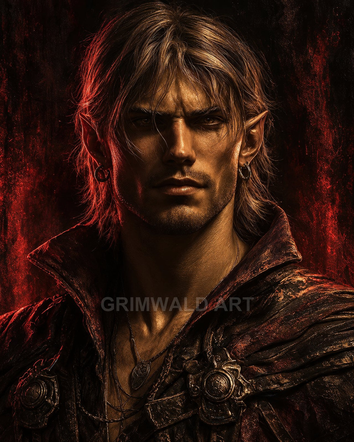 Firelit portrait of a brooding male elf with pointed ears, tousled hair and leather armour, glowing red highlights against a dark textured background.