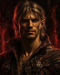 GRID THUMBNAIL — Firelit portrait of a brooding male elf with pointed ears, tousled hair and leather armour, glowing red highlights against a dark textured background.
