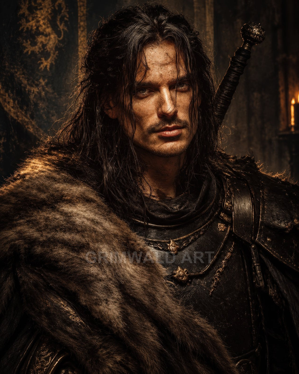 Firelit portrait of a battle-worn knight in dark armour and fur cloak, long hair, sword strapped behind, standing in a dim interior.