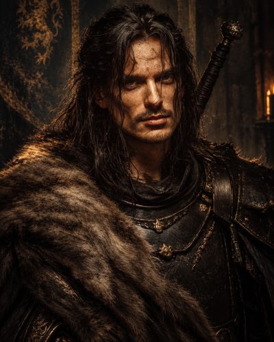 GRID THUMBNAIL — Firelit portrait of a battle-worn knight in dark armour and fur cloak, long hair, sword strapped behind, standing in a dim interior.