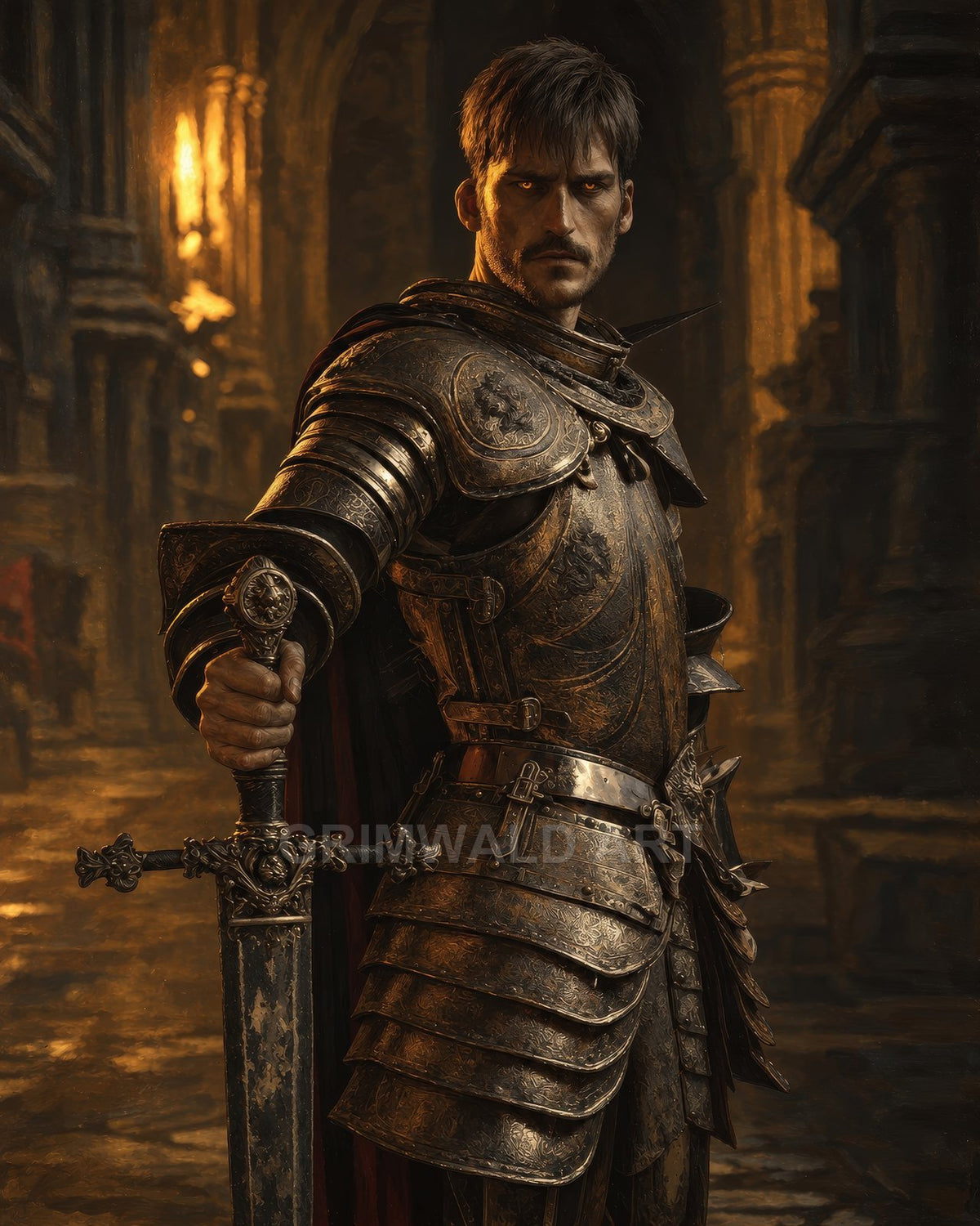 Armoured male knight with stern gaze holds a weathered sword inside a dim, firelit gothic cathedral, bronze plates gleaming amid shadows.