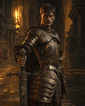 GRID THUMBNAIL — Armoured male knight with stern gaze holds a weathered sword inside a dim, firelit gothic cathedral, bronze plates gleaming amid shadows.