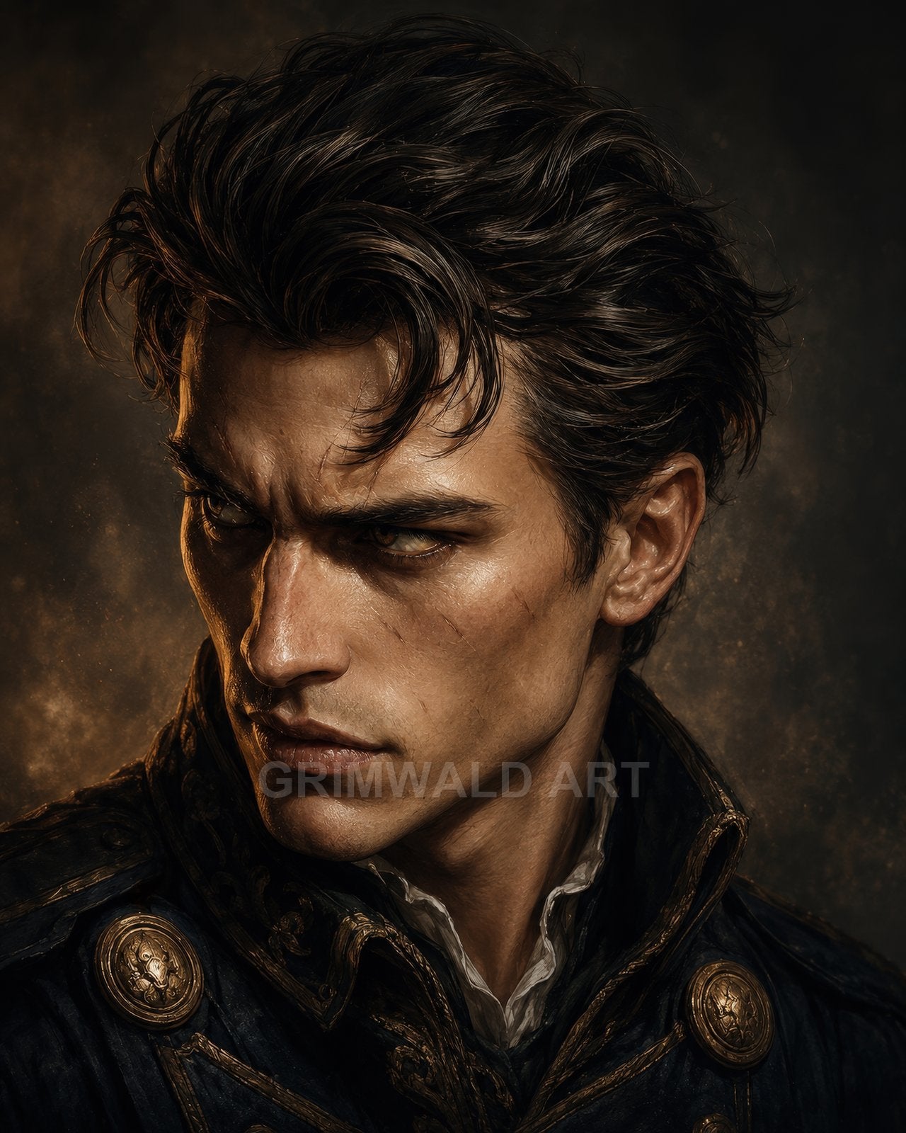 Moody portrait of a stern, scar-faced young nobleman in an ornate dark uniform, lit by warm firelight against a textured shadowy backdrop.