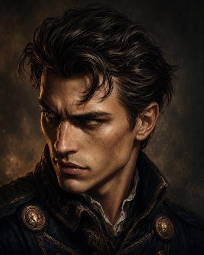 GRID THUMBNAIL — Moody portrait of a stern, scar-faced young nobleman in an ornate dark uniform, lit by warm firelight against a textured shadowy backdrop.