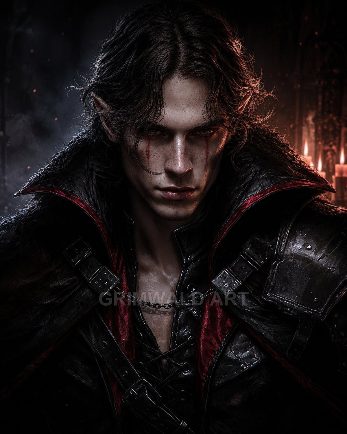 Close-up portrait of a pale male vampire with pointed ears and blood tears, wearing black and crimson armour, in a candlelit dark interior.