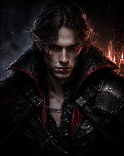 GRID THUMBNAIL — Close-up portrait of a pale male vampire with pointed ears and blood tears, wearing black and crimson armour, in a candlelit dark interior.