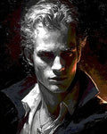 GRID THUMBNAIL — Painterly portrait of a pale male vampire with red eyes, high collar and pendant, rim-lit by warm firelight against a dark textured background.
