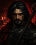 GRID THUMBNAIL — Portrait of a brooding, dark-haired man in black armour and red cloak holding a ring-topped staff, lit by red flames and candles.