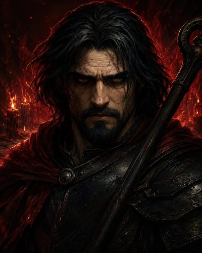 GRID THUMBNAIL — Portrait of a brooding, dark-haired man in black armour and red cloak holding a ring-topped staff, lit by red flames and candles.