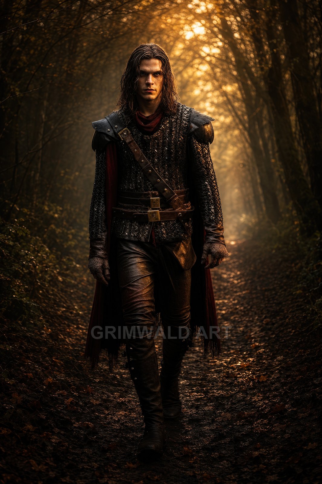 Armoured male adventurer with dark cloak walking along a leaf-strewn forest path, golden light filtering through trees, moody autumn atmosphere.