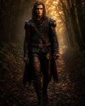 GRID THUMBNAIL — Armoured male adventurer with dark cloak walking along a leaf-strewn forest path, golden light filtering through trees, moody autumn atmosphere.