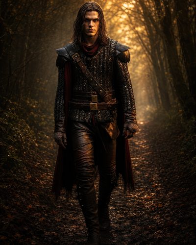 GRID THUMBNAIL — Armoured male adventurer with dark cloak walking along a leaf-strewn forest path, golden light filtering through trees, moody autumn atmosphere.
