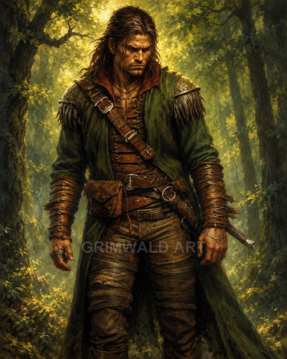 A brooding male ranger in a green cloak and leather armour stands in a sunlit forest clearing, sword at his hip.