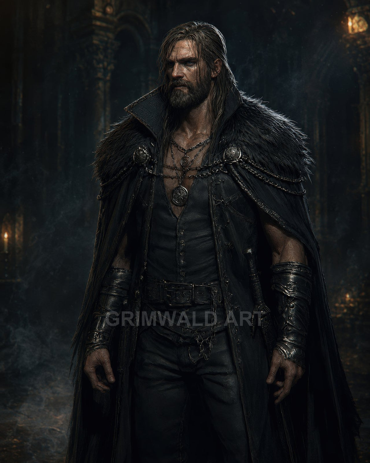 Bearded male warrior in dark leather and fur cloak stands in candlelit gothic interior, chains and pendant visible, moody firelit atmosphere.