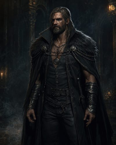 GRID THUMBNAIL — Bearded male warrior in dark leather and fur cloak stands in candlelit gothic interior, chains and pendant visible, moody firelit atmosphere.
