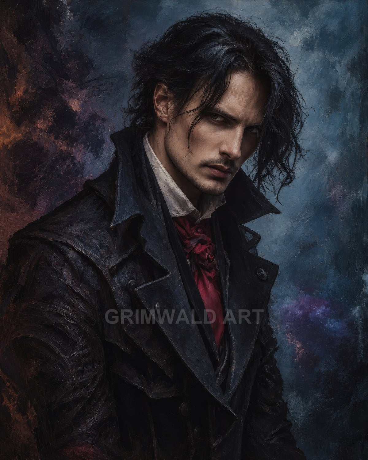 Gothic fantasy portrait of a brooding dark-haired man in a high-collared black coat and crimson cravat, moody blue textured background, intense gaze.