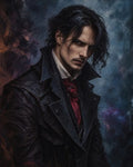 GRID THUMBNAIL — Gothic fantasy portrait of a brooding dark-haired man in a high-collared black coat and crimson cravat, moody blue textured background, intense gaze.