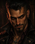 GRID THUMBNAIL — Close-up portrait of a brooding man with golden eyes, leather jacket and cross pendant, in a dim gothic cathedral lit by firelight.