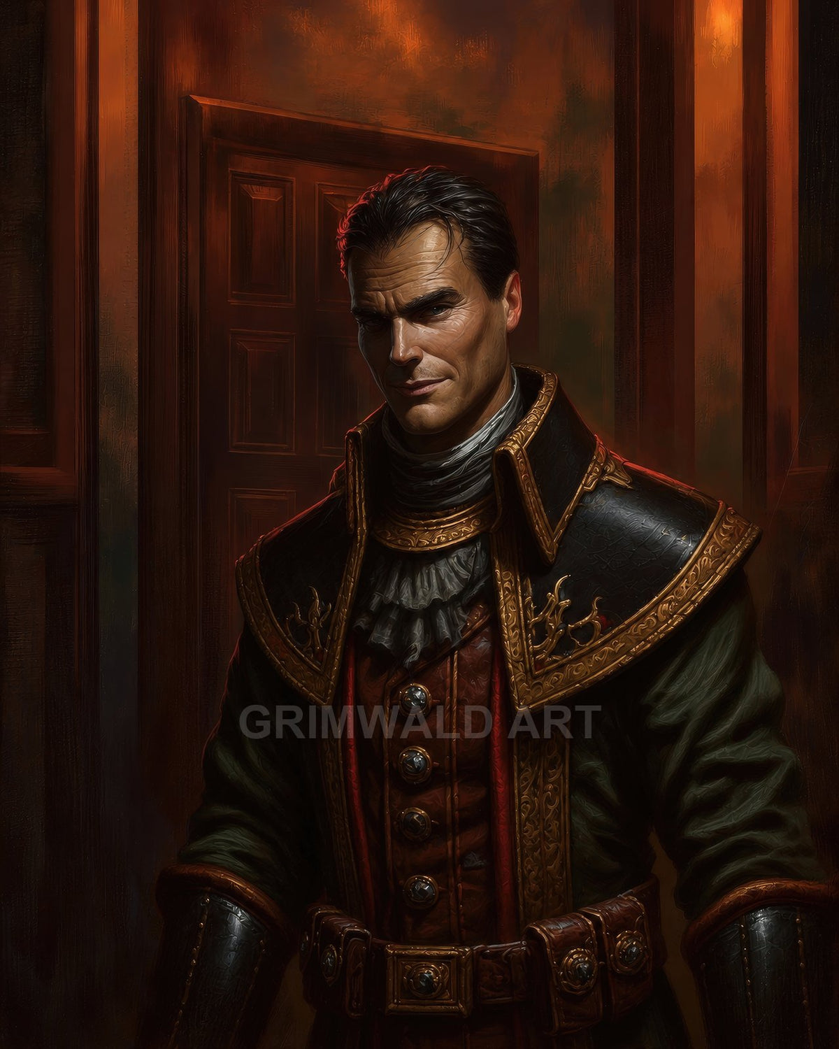 A stern, dark-haired nobleman in ornate leather and gold-trimmed armour stands in a firelit interior, half-shadowed before a wooden door.